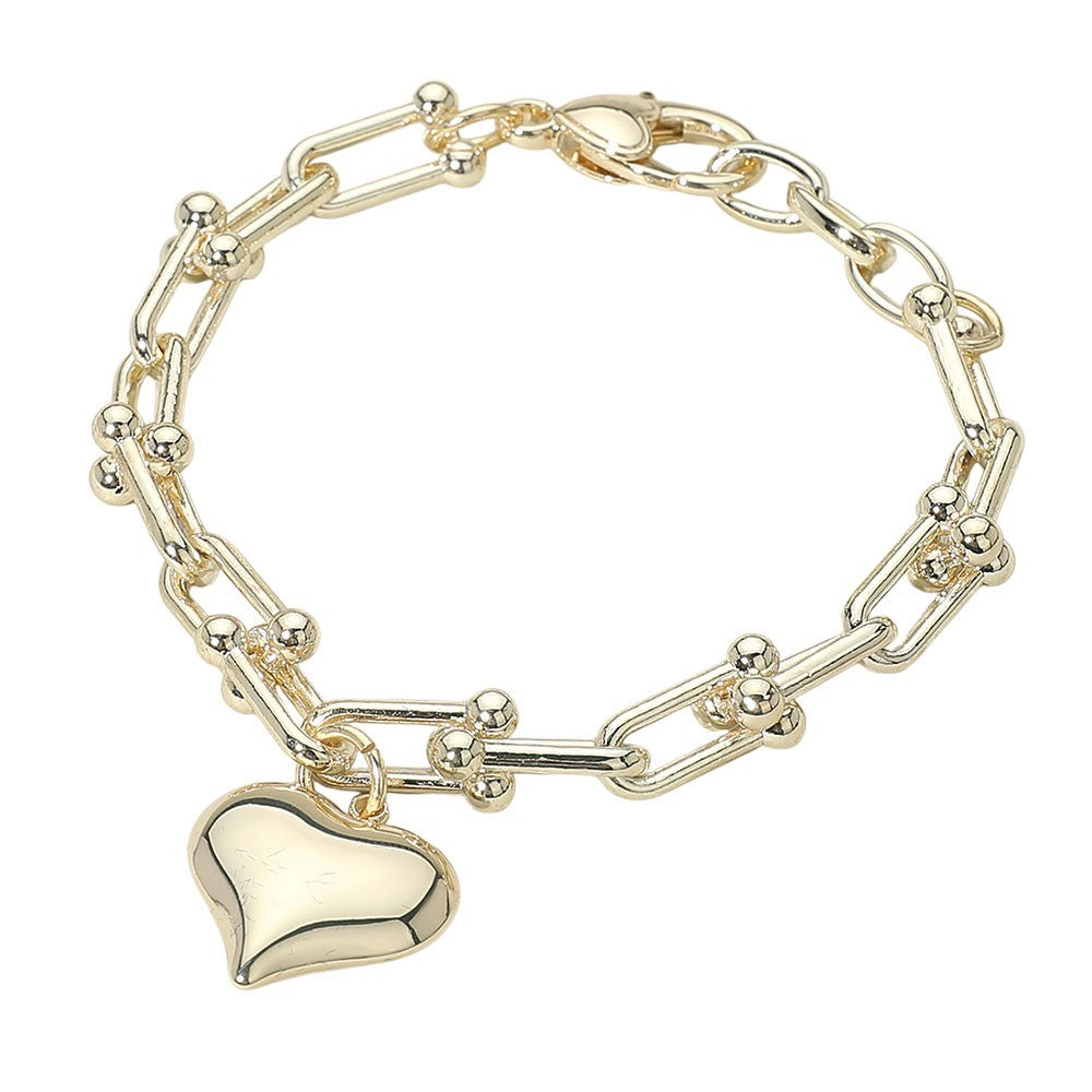 Chunky Gold Link Bracelet Puffy Heart Charm U-Chain Women's Gift Jewelry