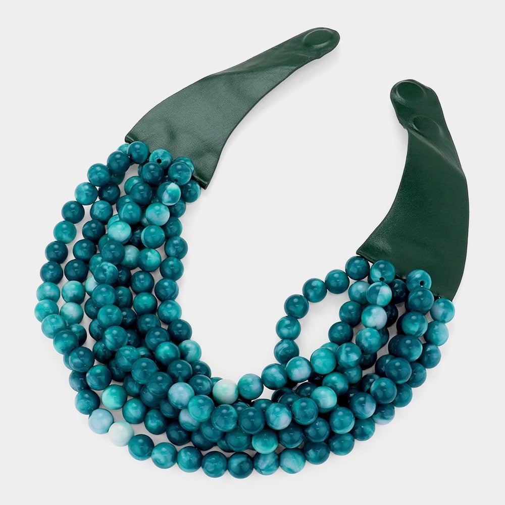 Teal Green Multi-Strand Marbled Bead Bib Necklace with Faux Leather Trim