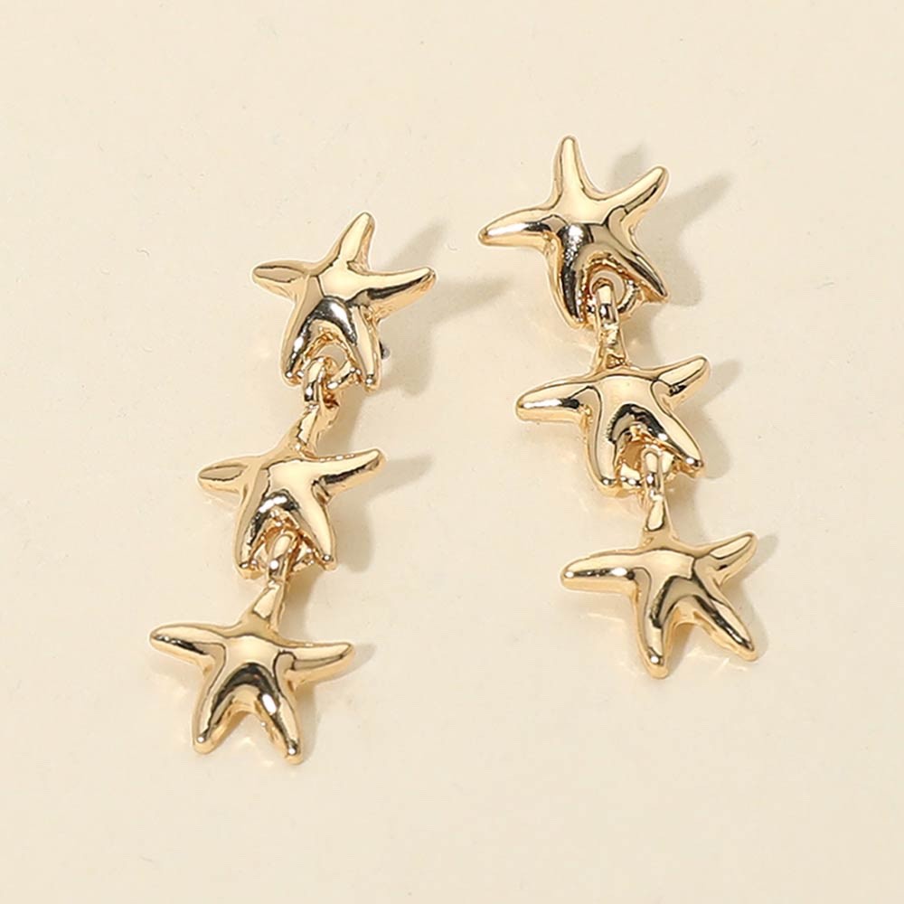 Gold-Tone Triple Starfish Tiered Dangle Drop Coastal Beach Nautical Post Earring