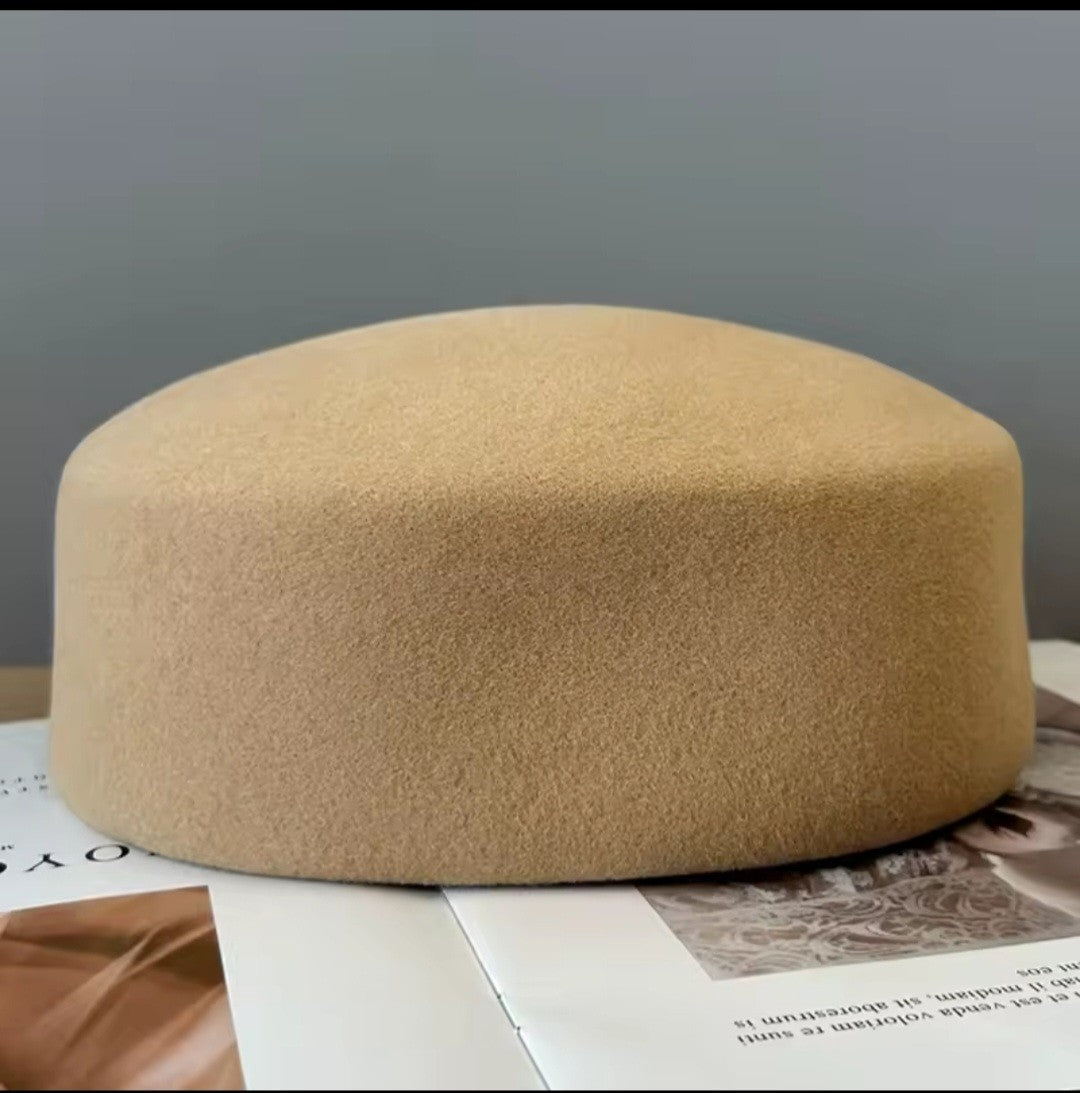 Women 100% Wool Pillbox Hat Beige Stewardess Beret Formal Fascinator Base