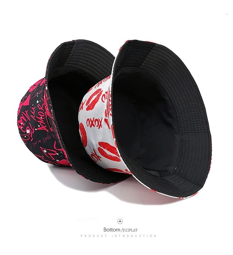2X Reversible Bucket Hat Set Lips XOXO Graffiti Print Black White Unisex Y2K