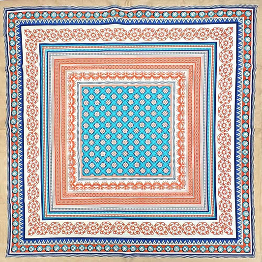 Bohemian Geometric Square Satin Scarf - Teal and Orange Tile Print Neck Wrap