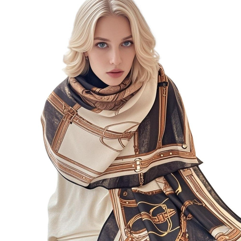 Oversized Women’s Scarf Shawl Wrap Black Tan Gold Belt Buckle Print Fall