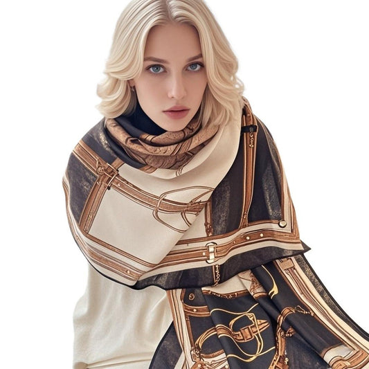 Oversized Women’s Scarf Shawl Wrap Black Tan Gold Belt Buckle Print Fall