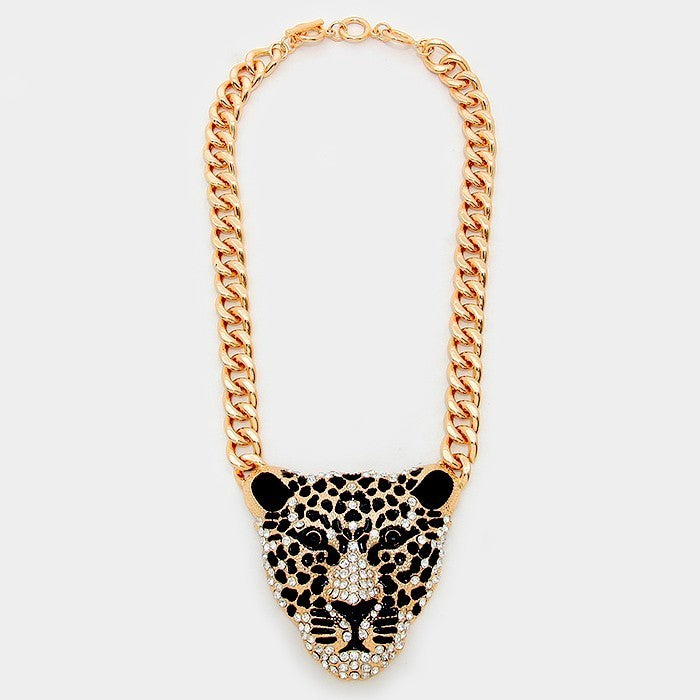 Bold Gold Chain Leopard Head Statement Necklace Animal Pendant Jewelry