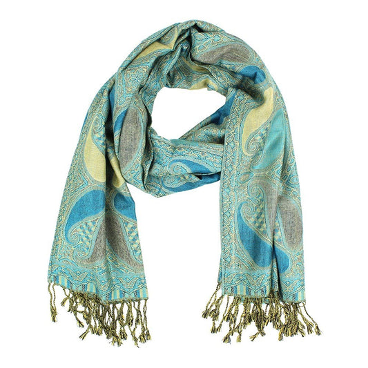 2 Piece Large Paisley Pashmina Scarf Shawl Womens Aqua Beige Polyester 28" X 78"