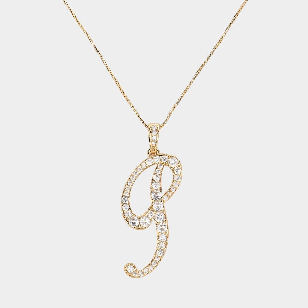 Gold Tone Cursive Letter P Initial Pendant Necklace with Cubic Zirconia