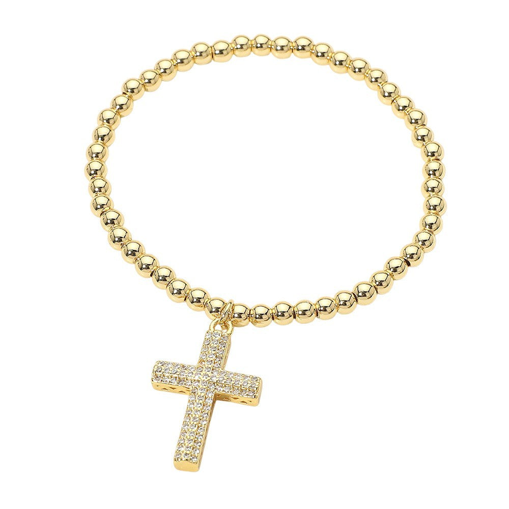 Gold Tone Stainless Steel Paved Clear CZ Cross Charm Beaded Stretch Bracelet