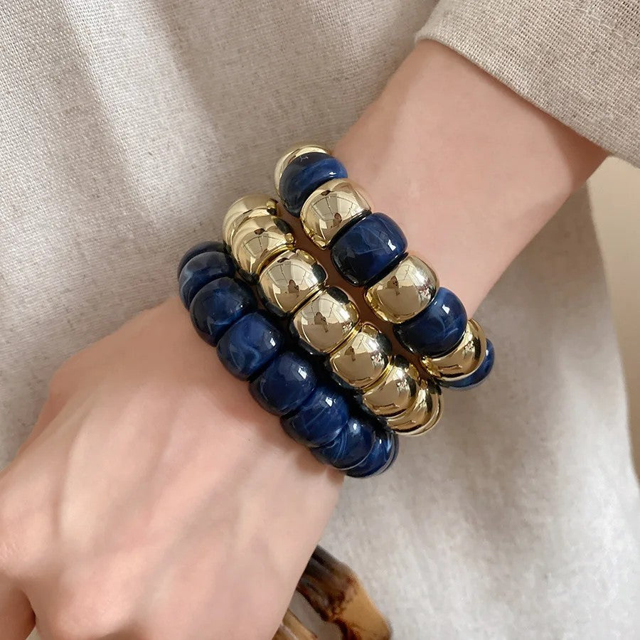Navy Blue Marbled & Gold Chunky Barrel Bead Stretch Bracelet Set