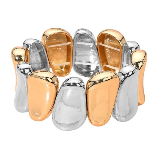 Two-Tone Gold Silver Teardrop Stretch Bracelet Bold Chunky Fashion Jewelry 1" H