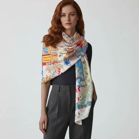 Colorful Graphic Print Silk Feel Long Scarf - Artistic Abstract Wrap Shawl Lady