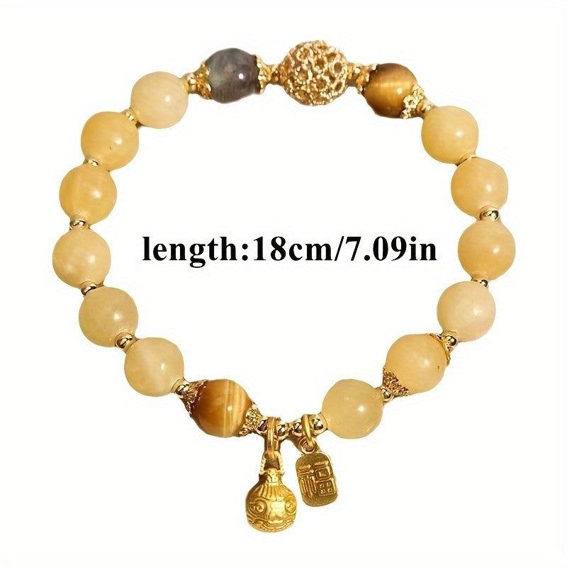Yellow Jade Tiger Eye Beaded Bracelet Fu Good Fortune Charm 7.09in Gift