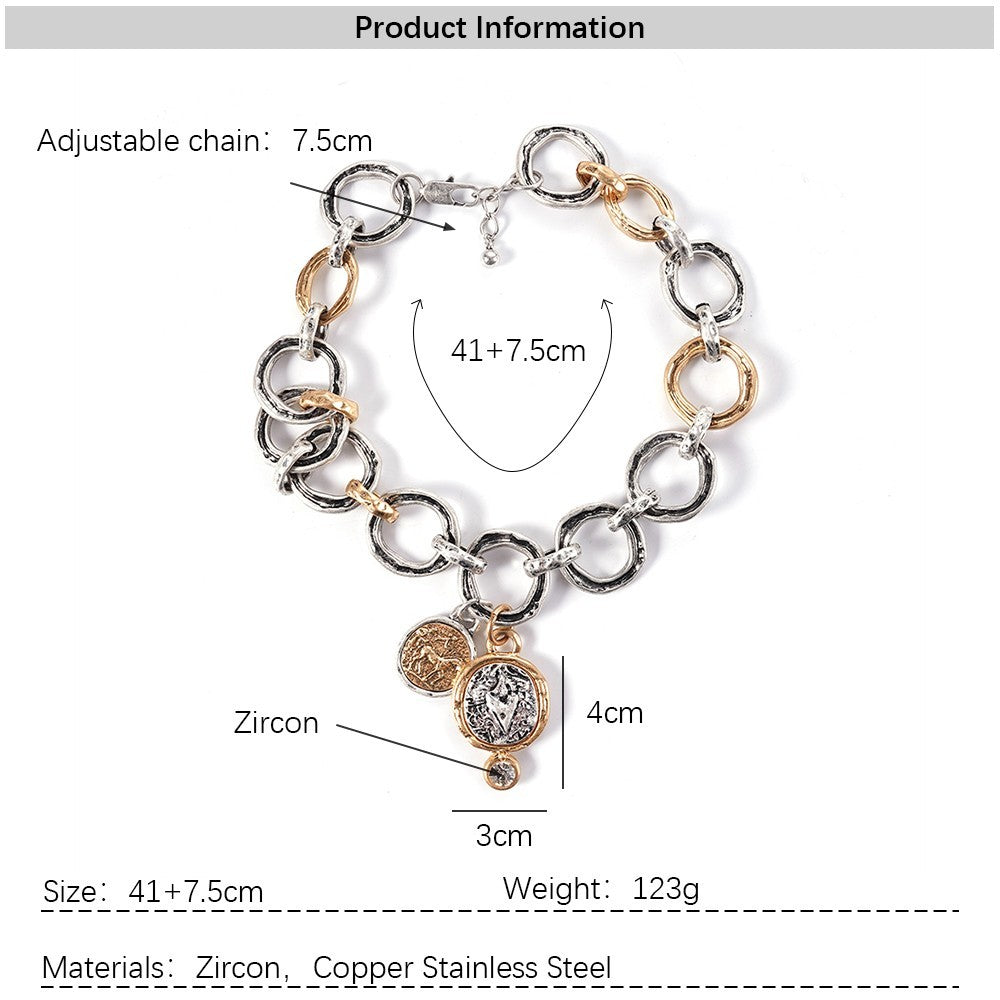 Two Tone Chunky Link Roman Coin Pendant Necklace Zircon Copper Mixed Metal