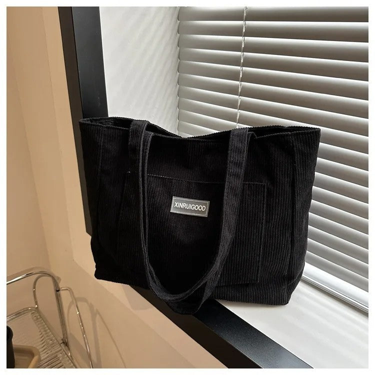 Black Corduroy Tote Bag Shoulder Handbag Casual Shopper Bag