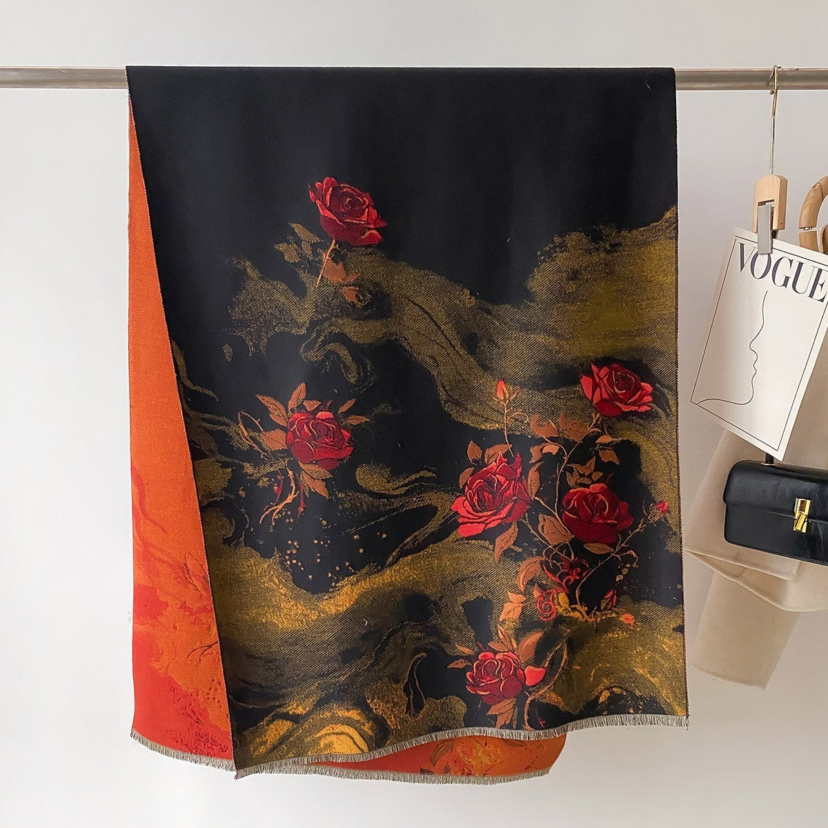 Black Gold Red Rose Floral Shawl Wrap Scarf Cashmere Feel Fringe 72.8" x 25.6"