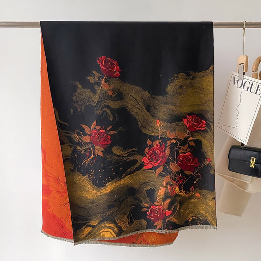 Black Gold Red Rose Floral Shawl Wrap Scarf Cashmere Feel Fringe 72.8" x 25.6"