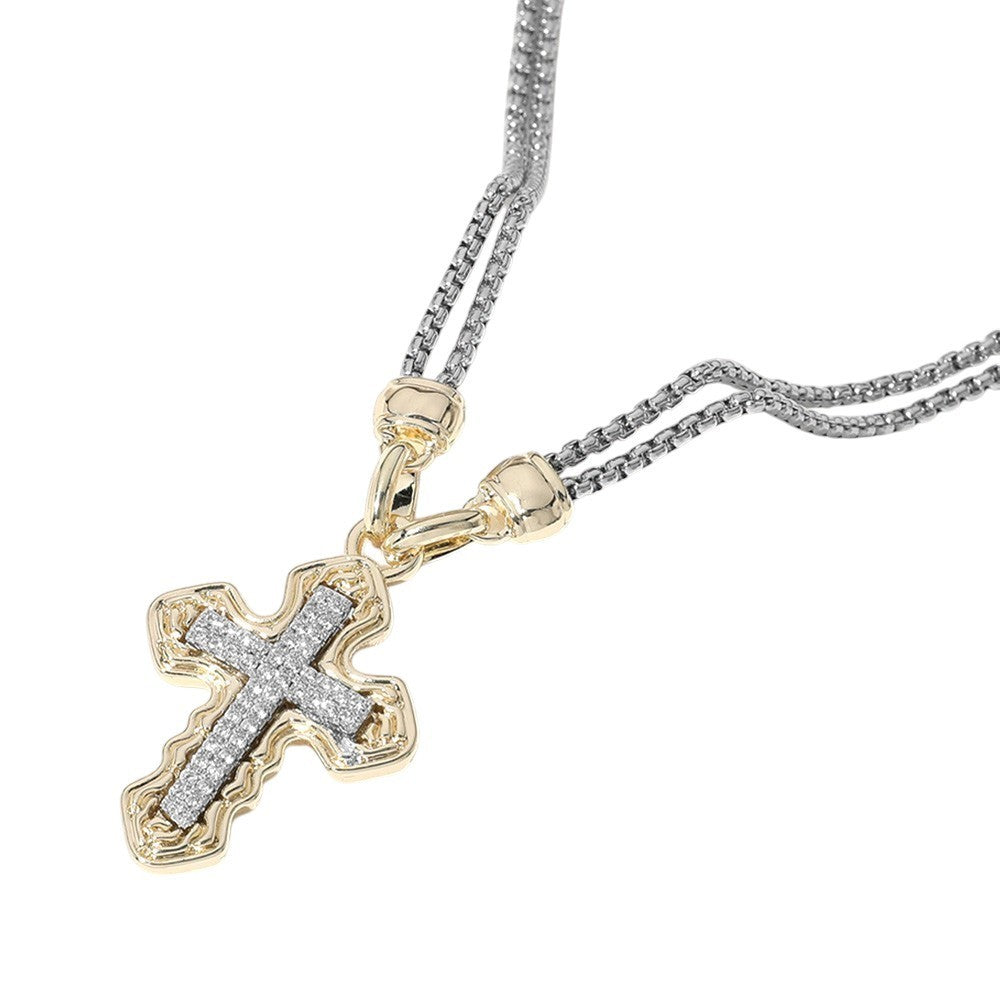 Gold Dipped Cross Pendant Necklace CZ Two-Tone Pavé Religious Jewelry 16"