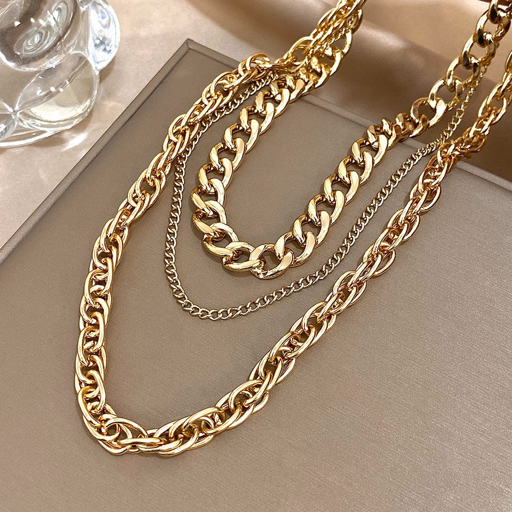 Gold Tone Layered Curb & Cable Chain Statement Necklace