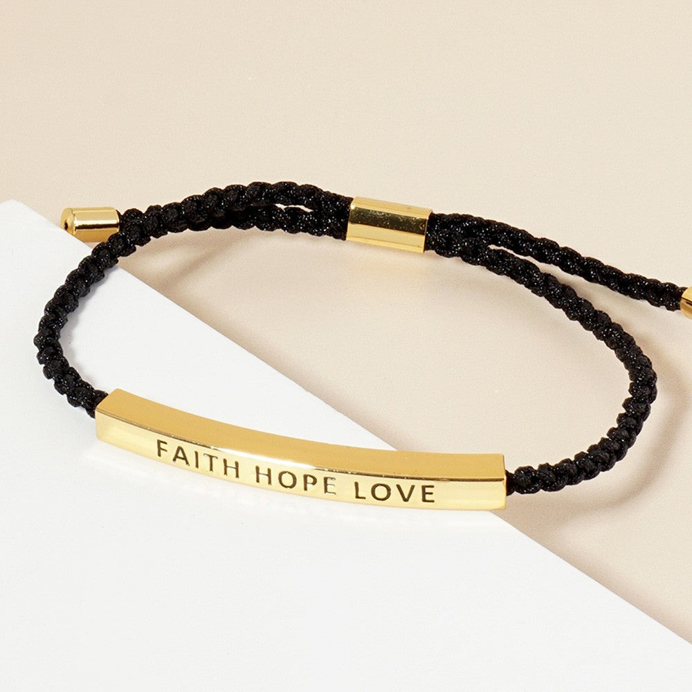 2 Pcs Gold Dipped FAITH HOPE LOVE Message Pull Tie Bracelet Bar Rope Adjustable