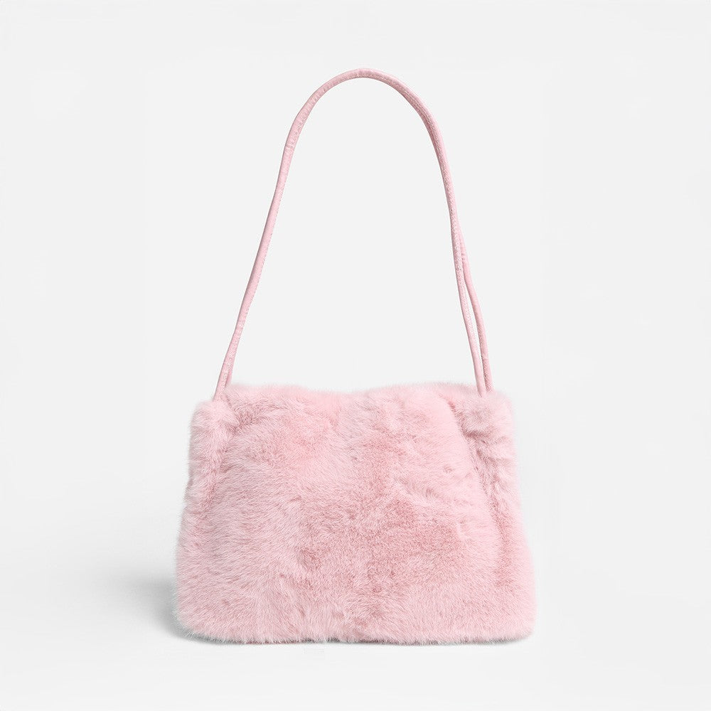 Pink Faux Fur Shoulder Bag for Women Winter Handbag Magnetic Closure