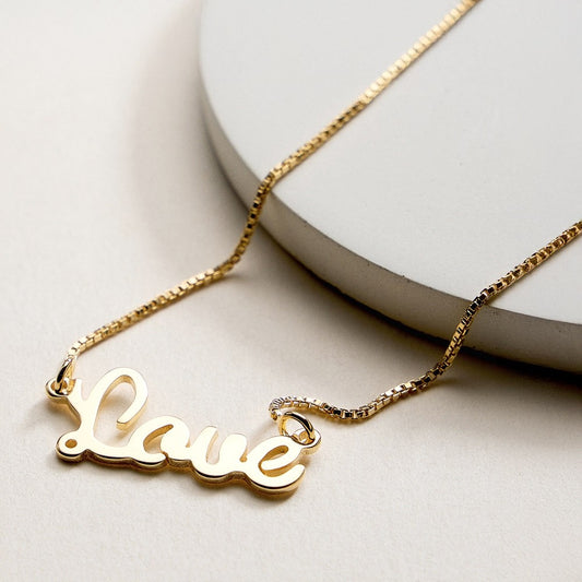 18K Gold Filled Love Script Pendant Necklace Dainty Box Chain Jewelry Gift