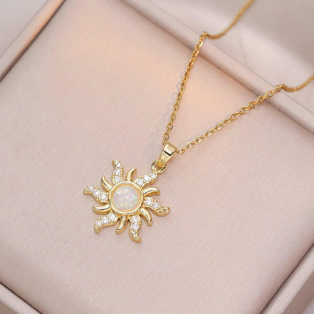 Gold Sunburst Opal Pendant Necklace with CZ Stones – Dainty Solar Charm Jewelry