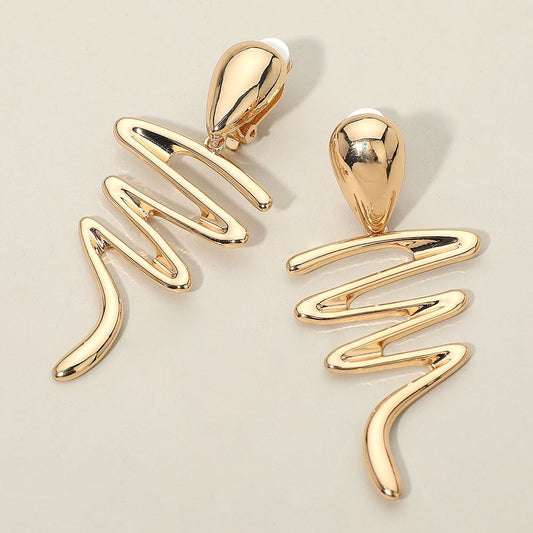Gold Abstract Zig Zag Dangle Earrings High Polish Minimalist Clip-On Statement