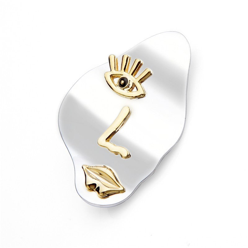 Abstract Face Brooch Pin Clear Acrylic Gold Tone Modern Art Minimalist Jewelry