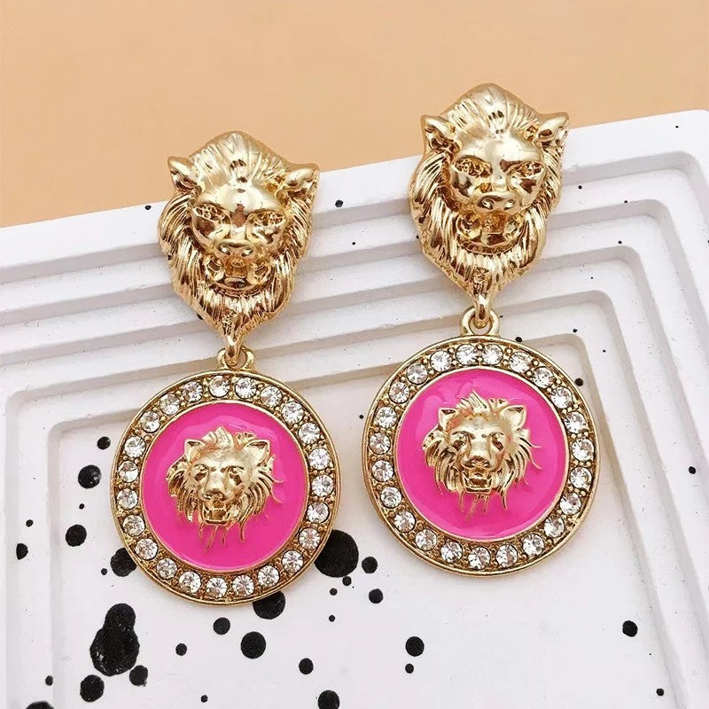 Vintage Lion Head Gold Tone Dangle Earrings Pink Crystal Drop