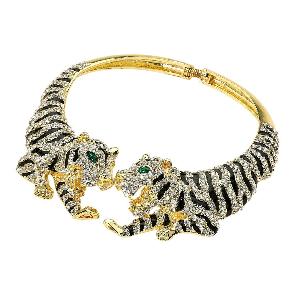 Gold Crystal Double Tiger Choker Necklace Statement Jungle Cat Power Jewelry