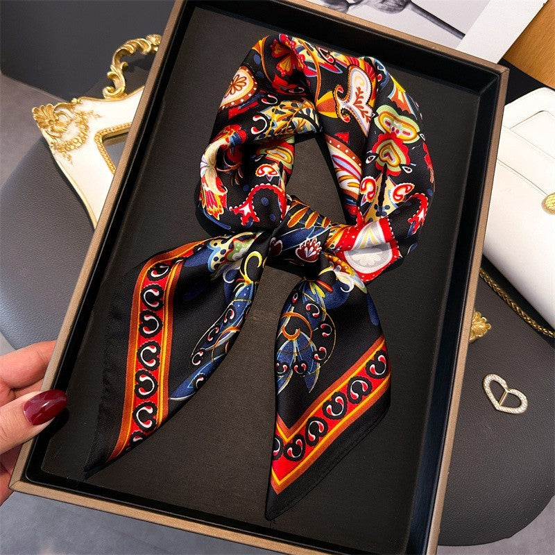 Luxury Black Paisley Floral Silk Feel Scarf Head Wrap 35in Foulard Twilly Set