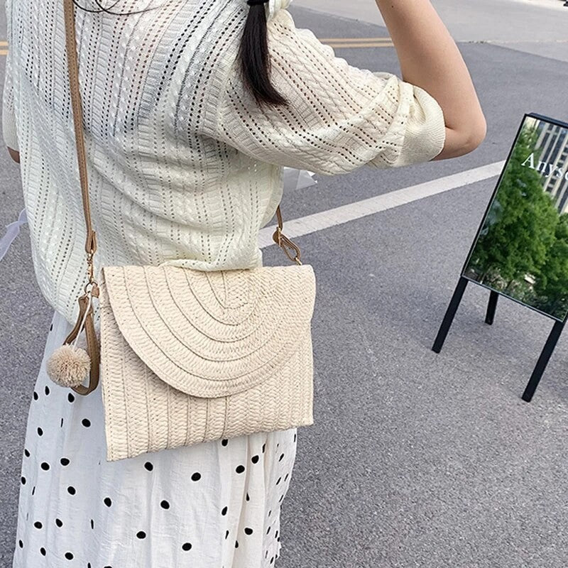 Handmade Woven Straw Envelope Crossbody Bag | Summer Clutch with Hair Ball Charm