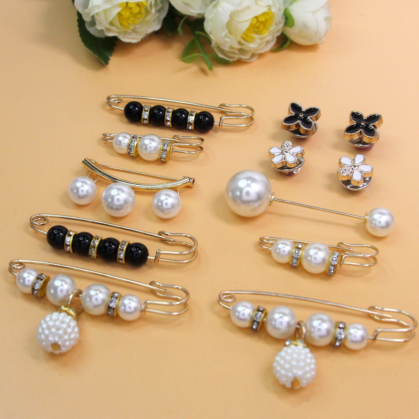 12pcs Faux Pearl Brooch Pin Set Waist Extender Safety Pins for Women