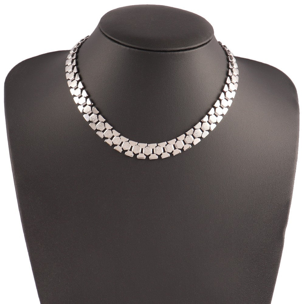 2pcs Gold Silver Tone Segmented Modernist Link Choker Necklace Set