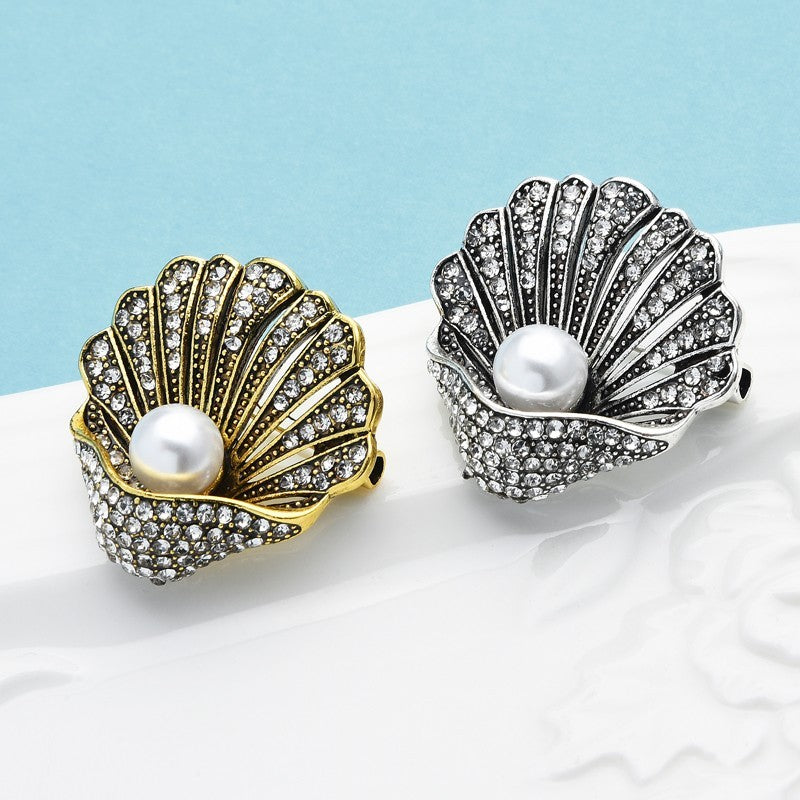 2pcs Vintage Rhinestone Shell Brooch Pearl Design Unisex Coastal Office Pin