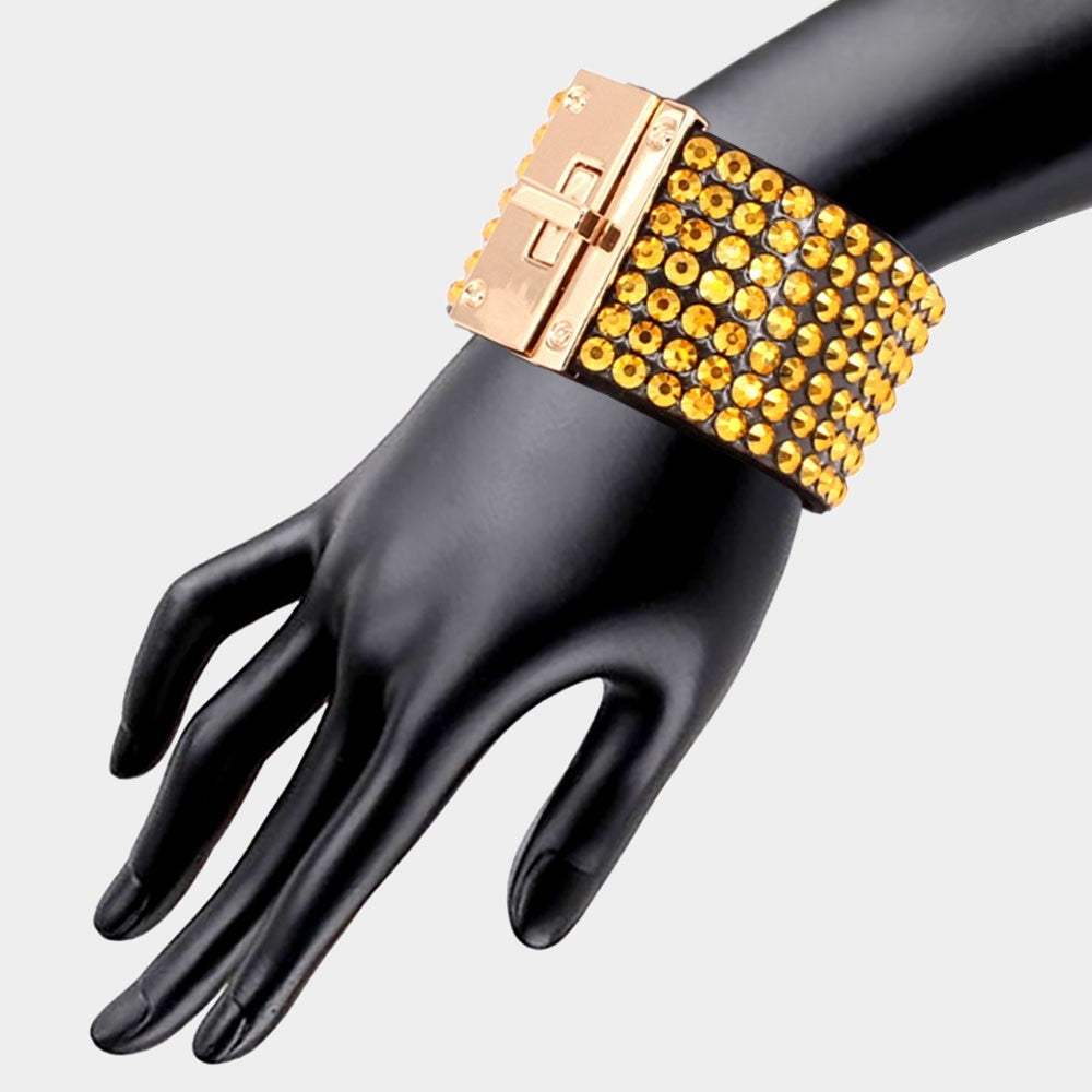 Gold Tone Rhinestone Wide Cuff Bracelet with Turn Lock Closure Bold Statement
