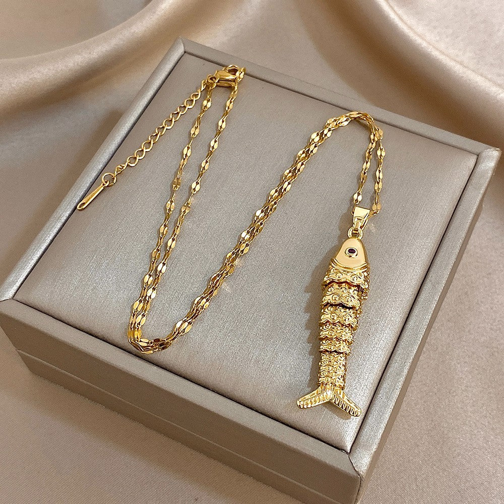 Gold Fish Pendant Necklace Textured Scale Dainty Red Eye Charm Chain Jewelry Gif