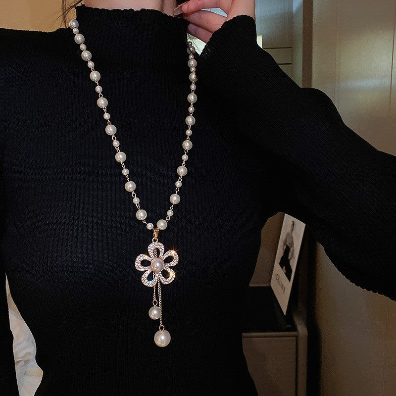 Camellia Flower Pearl Sweater Necklace Long Chain Crystal Pendant Jewelry