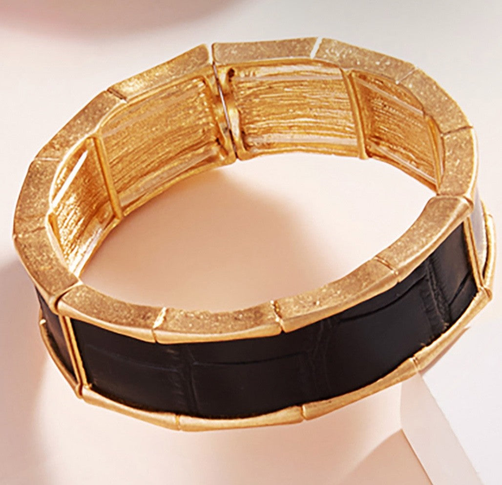 Gold Textured Bamboo Stretch Bangle Bracelet with Black Faux Croc Inlay