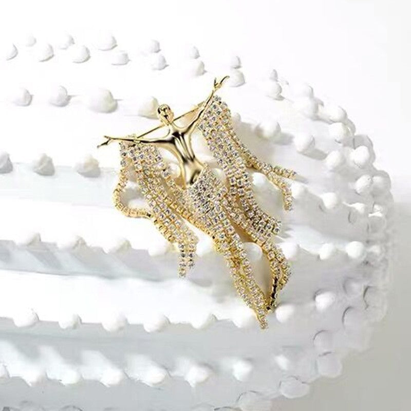 Gold Tone Rhinestone Tassel Dancer Brooch Pin Angel Figure Statement Jewelry
