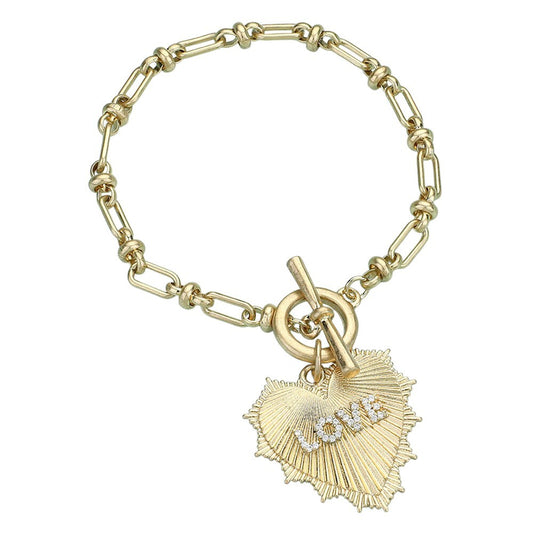 Chunky Chain Love Heart Bracelet Textured Metal Jewelry Gift Idea for Women