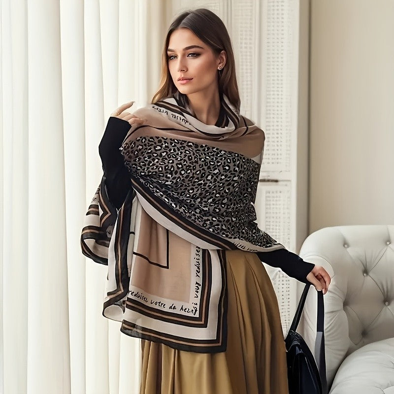 Beige Leopard Script Stripe Scarf Shawl Wrap Cotton Feel