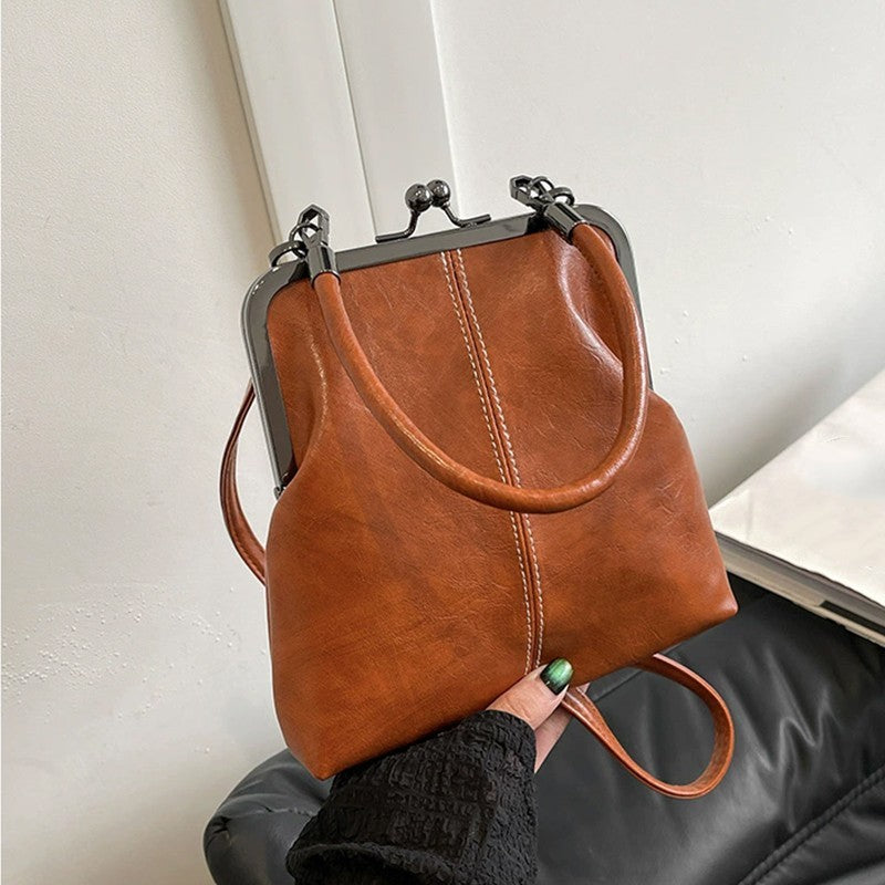 Cognac Faux Leather Kiss Lock Frame Bag Small Doctor Style Crossbody Handbag