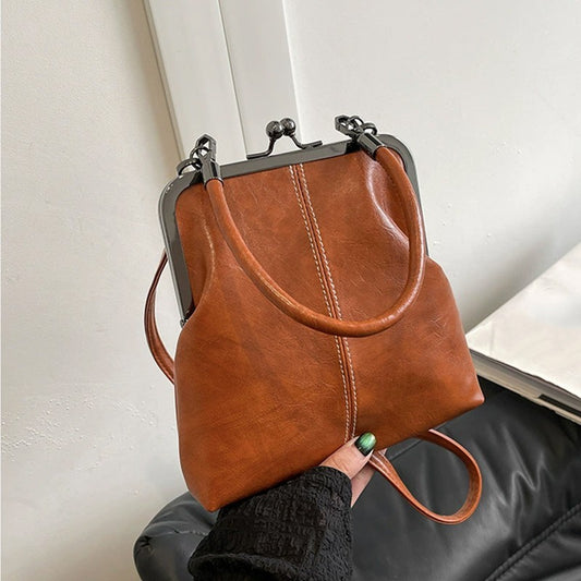 Cognac Faux Leather Kiss Lock Frame Bag Small Doctor Style Crossbody Handbag