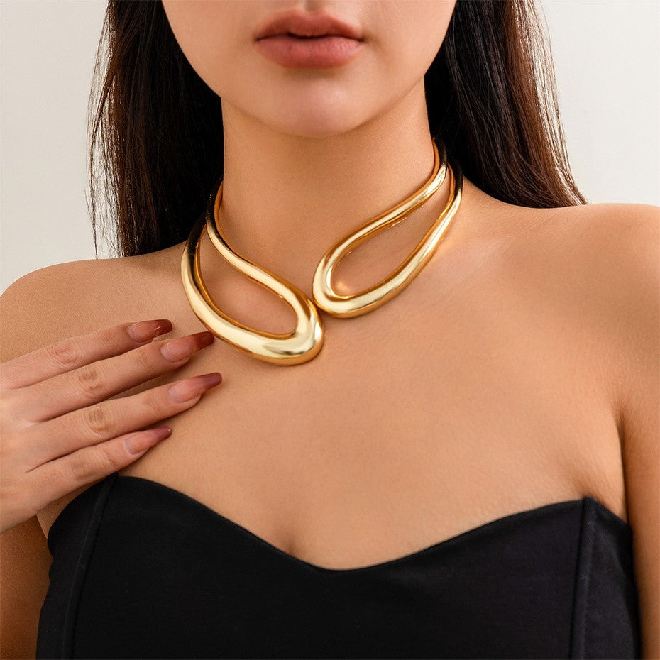 Chunky Gold Plated Metal Collar Necklace | Sculptural Statement Jewelry Ladies