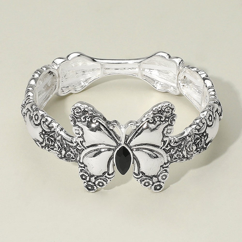 Marquise Stone Accent Antique Metal Butterfly Stretch Bracelet for Women
