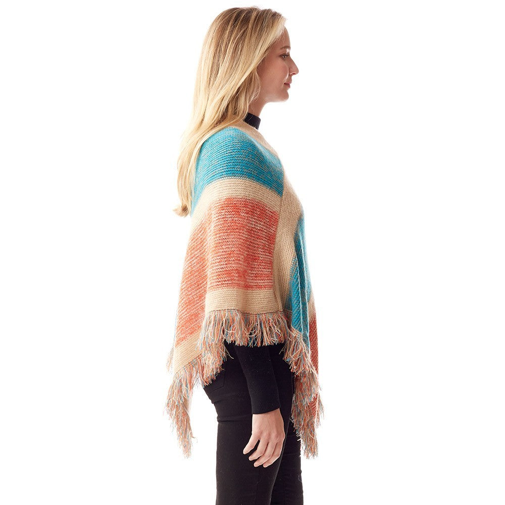 Women's Fall Winter Striped Knit Poncho Sweater Shawl Boho Striped Knit Ponchos