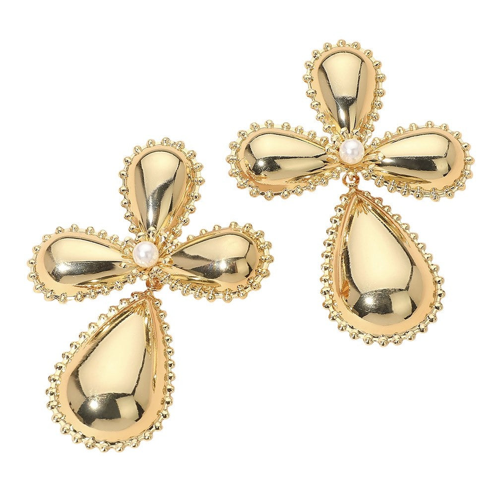 Large Gold Teardrop Cross Statement Earrings with Pearl Center Accents