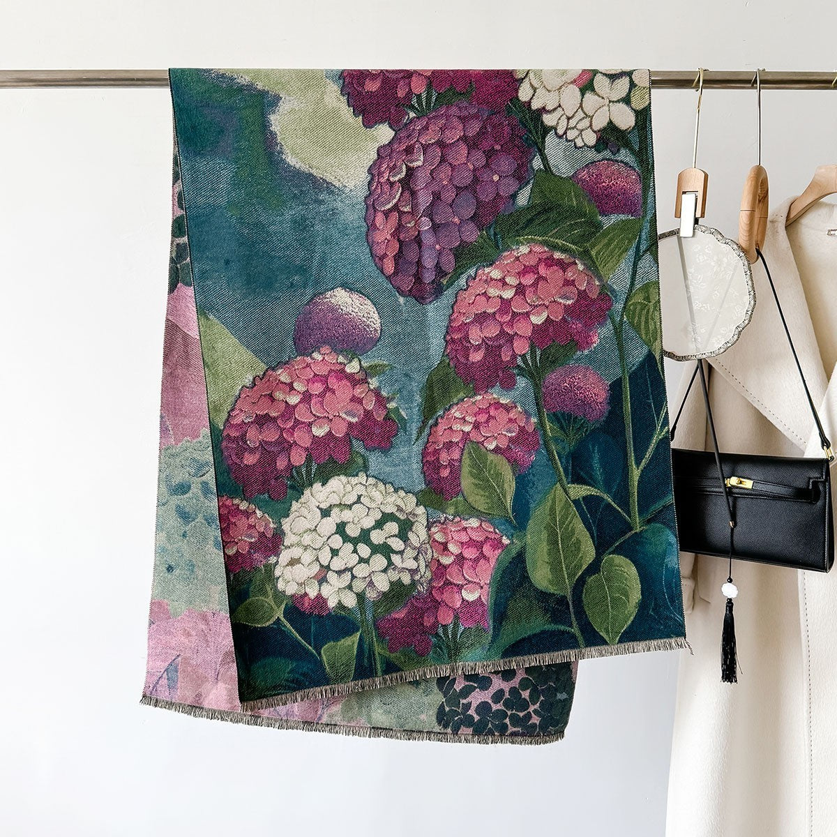 Hydrangea Floral Print Scarf Shawl Large Wrap Winter Warm Pashmina Green Pink