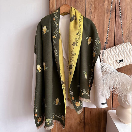 Reversible Bee & Floral Scarf Shawl Wrap Green Mustard Yellow Fringe New